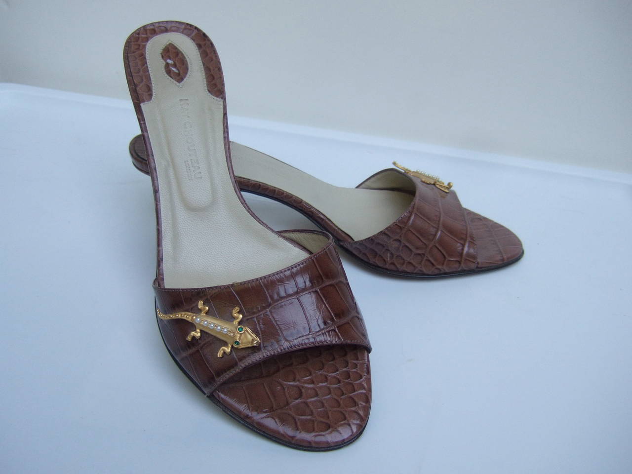 Embossed Brown Leather Mules with Jeweled Gecko's Size 7.5 Made in