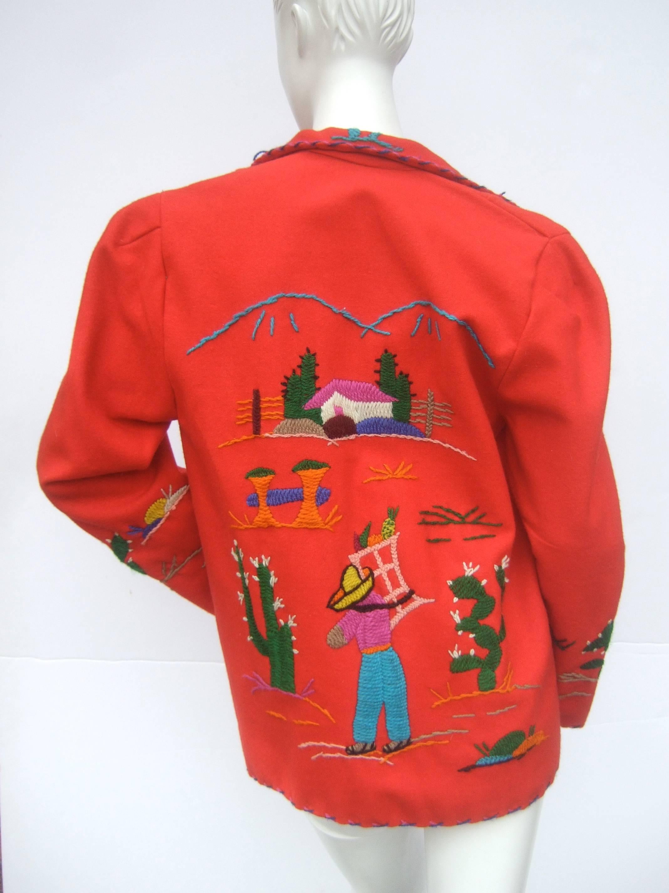 Mexican Red Felt Wool Embroidered Jacket ca 1950s For Sale at 1stDibs mexican wool jacket, red