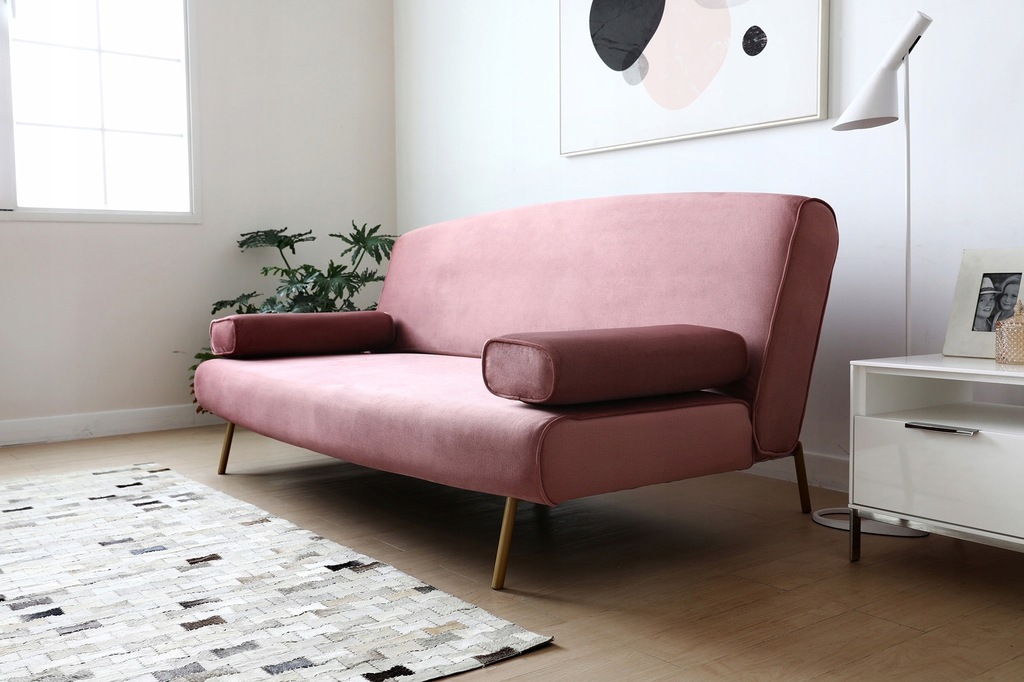 Sofa rozkładana welurowa pudrowy róż złote nogi 8432094119