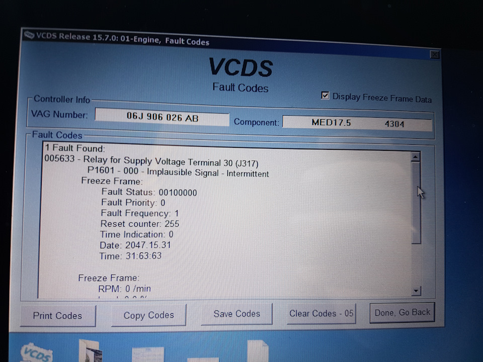 Устранение ошибки 005633 — Relay for Supply Voltage Terminal 30 (J317