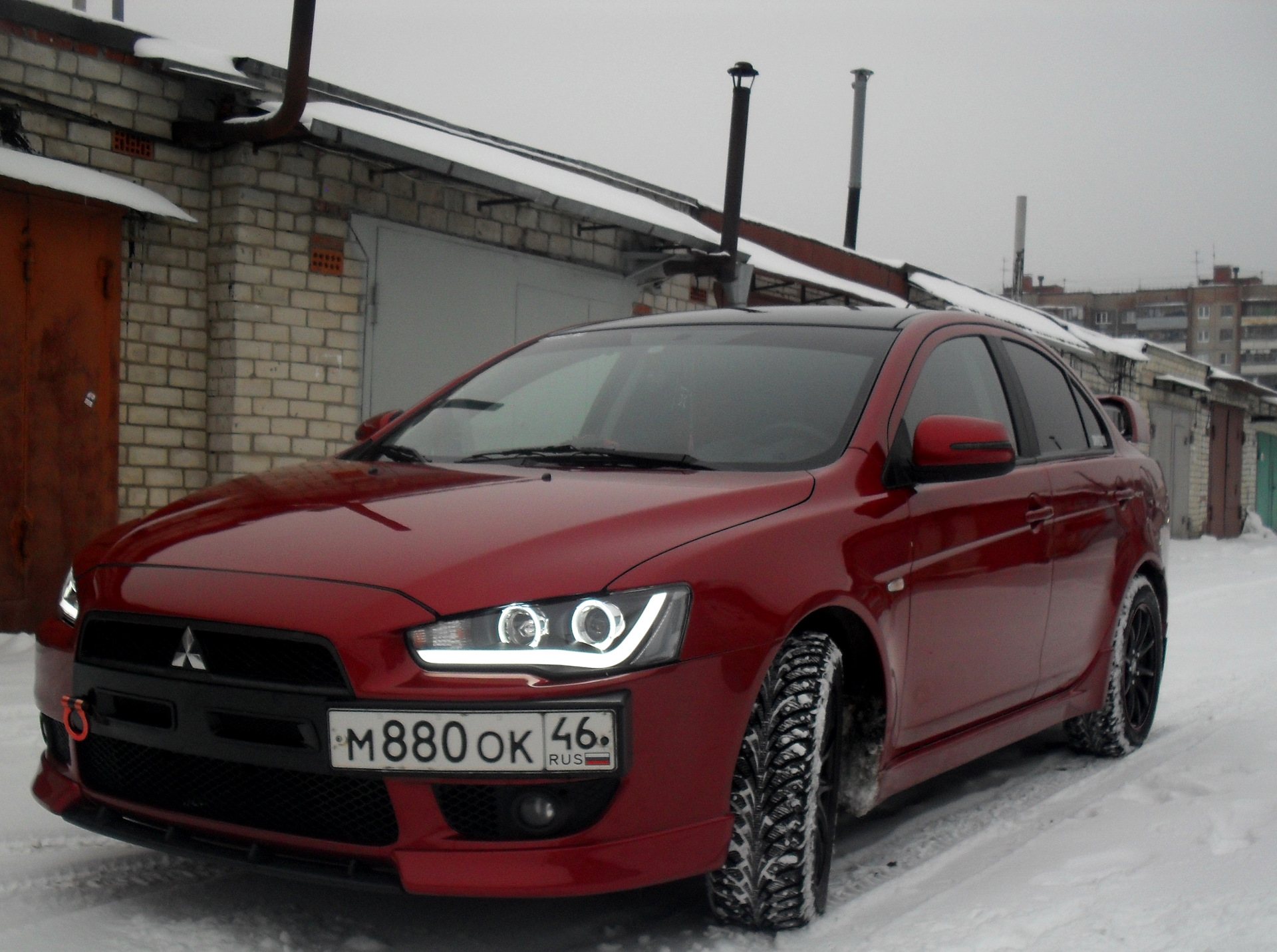 Фары «AUDI R8 STYLE BLACK». — Mitsubishi Lancer X, 2,4 л, 2008 года