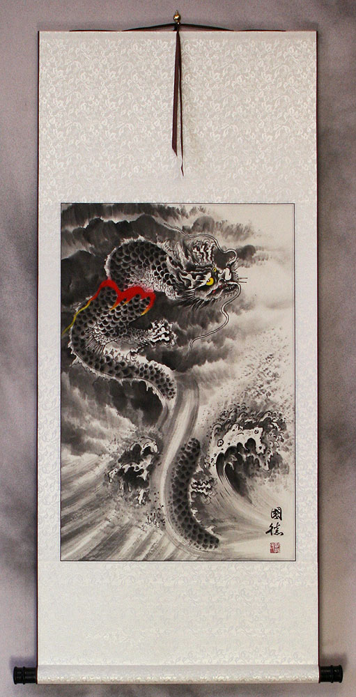 Flying Chinese Dragon in Clouds Asian Wall Scroll Tigers & Dragons Paintings and Wall