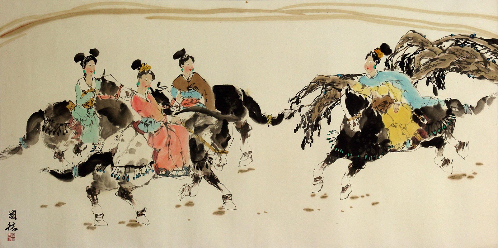 Tang Dynasty Horseback Ride Large Painting