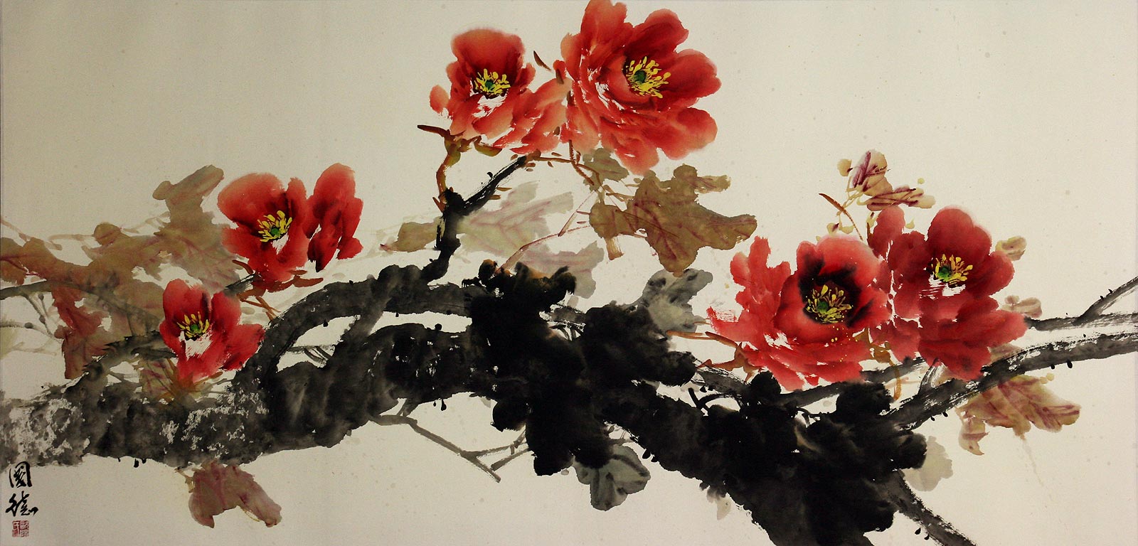 Large Asian Peony Flowers Painting Chinese Art