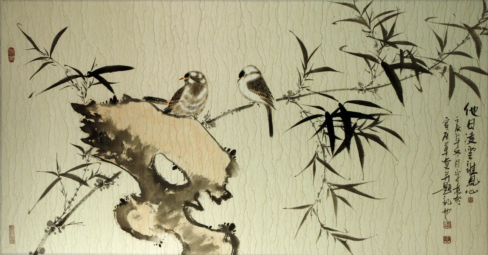 Birds and Bamboo Large Painting Chinese Artwork