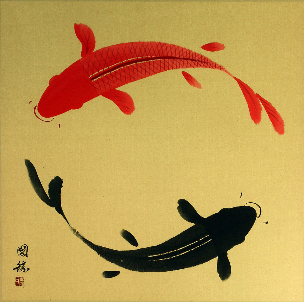 Large Yin Yang Koi Fish Painting Chinese Art
