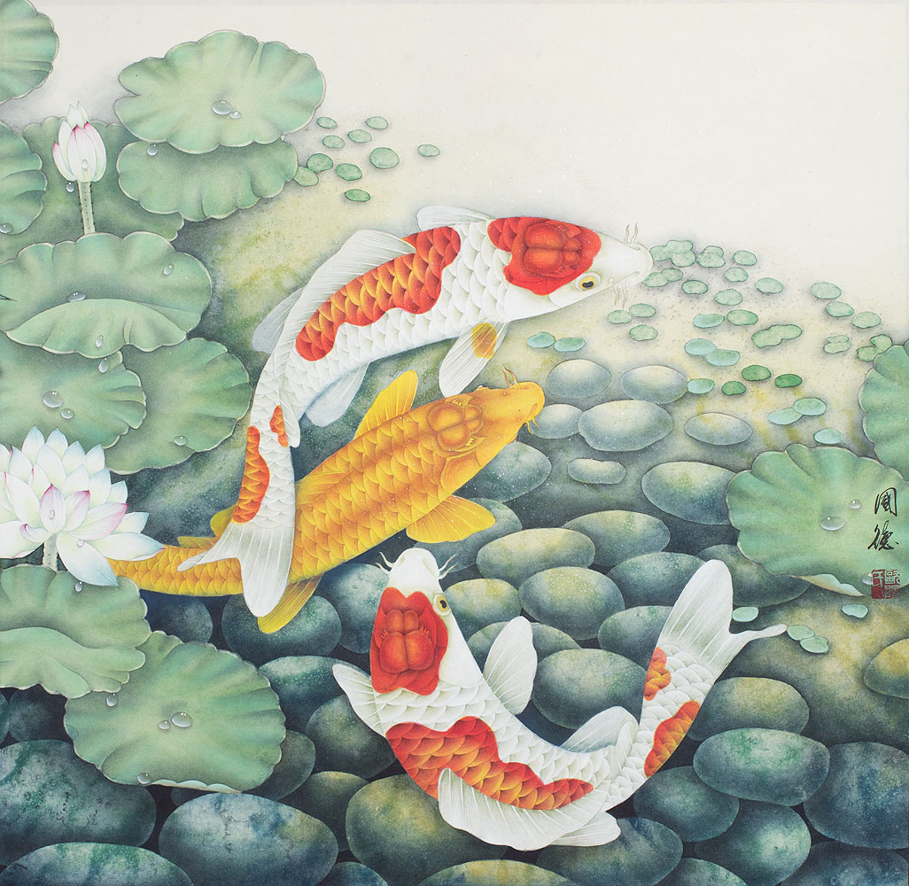 Koi Fish and Lotus Flowers Large Painting Asian Koi Fish Paintings & Wall Scrolls Chinese Art