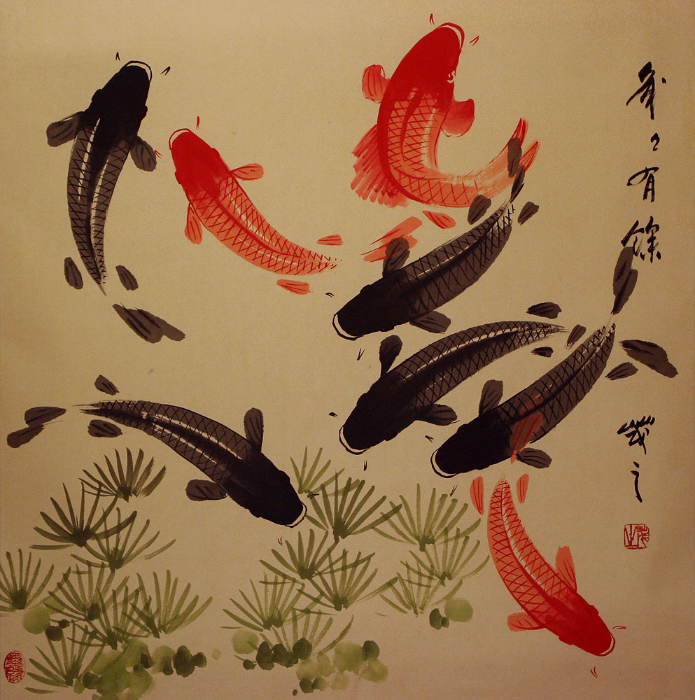 Large Koi Fish Painting on Antiqued Chinese Paper Asian Koi Fish Paintings & Wall Scrolls