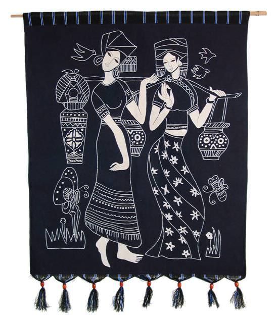 Asian Woman Carries Jugs of Water Batik Art Wall Hanging South