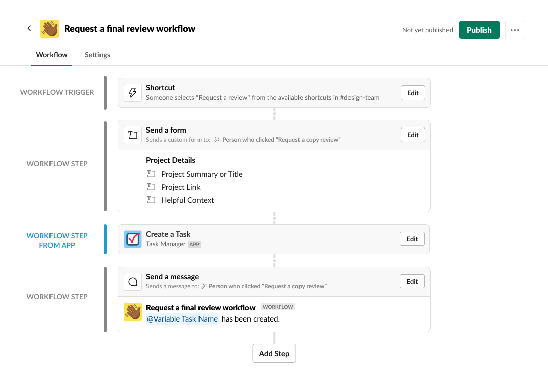 Workflow Builder Steps from Apps Slack