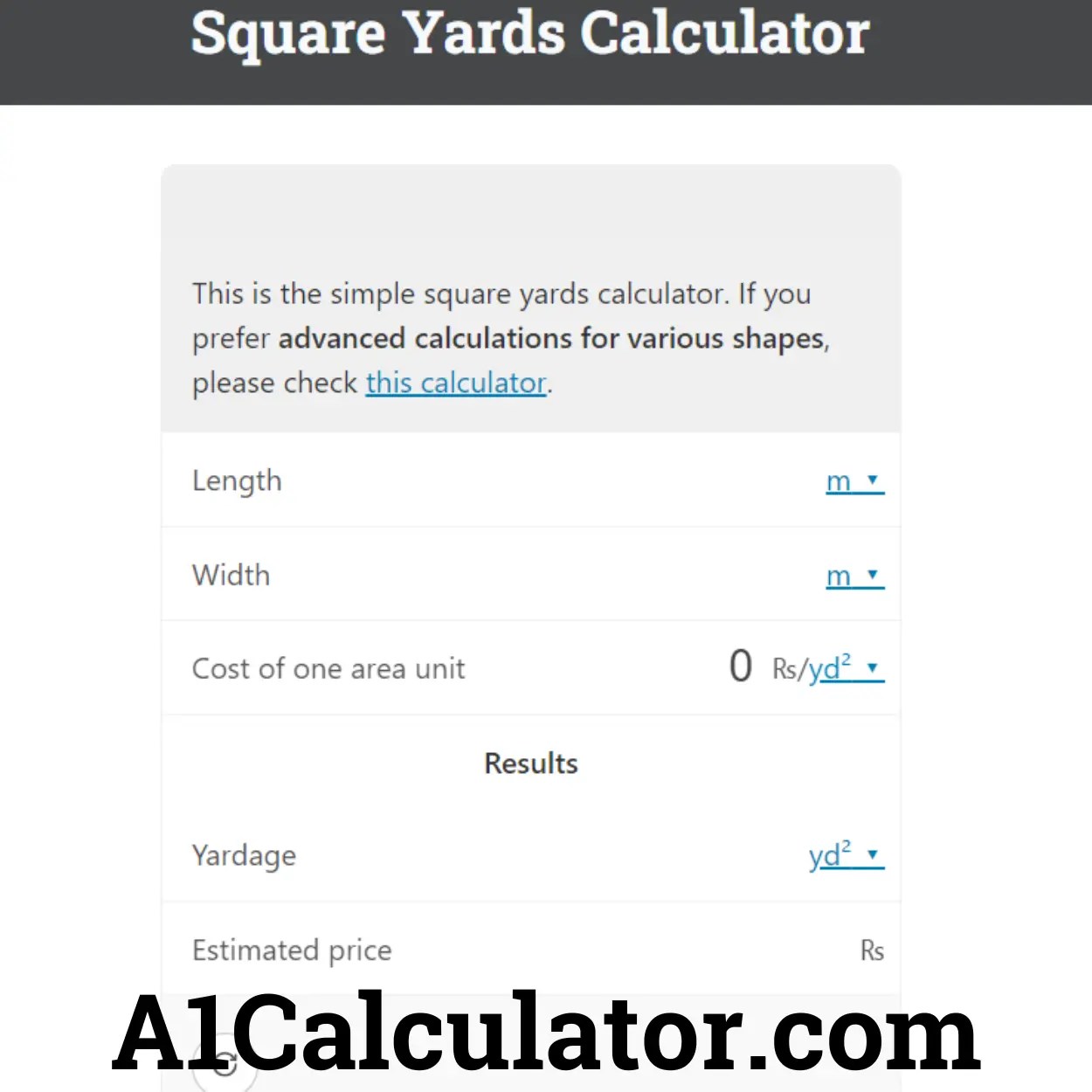 Square Yards Calculator Free Online A1Calculator