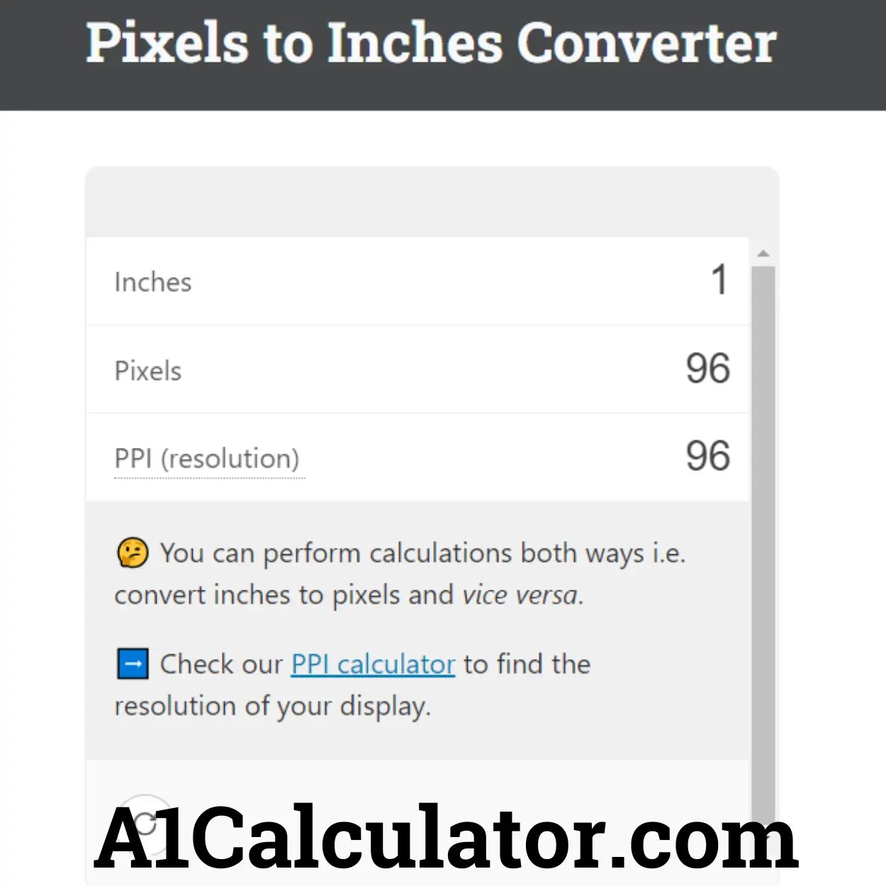 Pixels To Inches Converter A1Calculator
