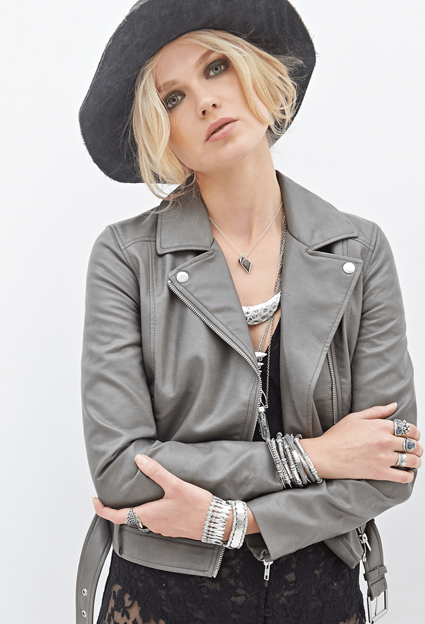 Womens Forever 21 Grey Biker Leather Jacket A2 Jackets