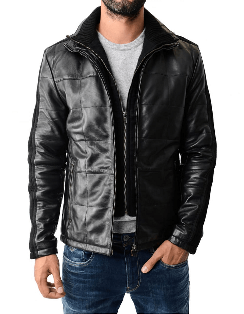 Mens Rib Knit Paneled Black Reline Padded Leather Jacket A2 Jackets