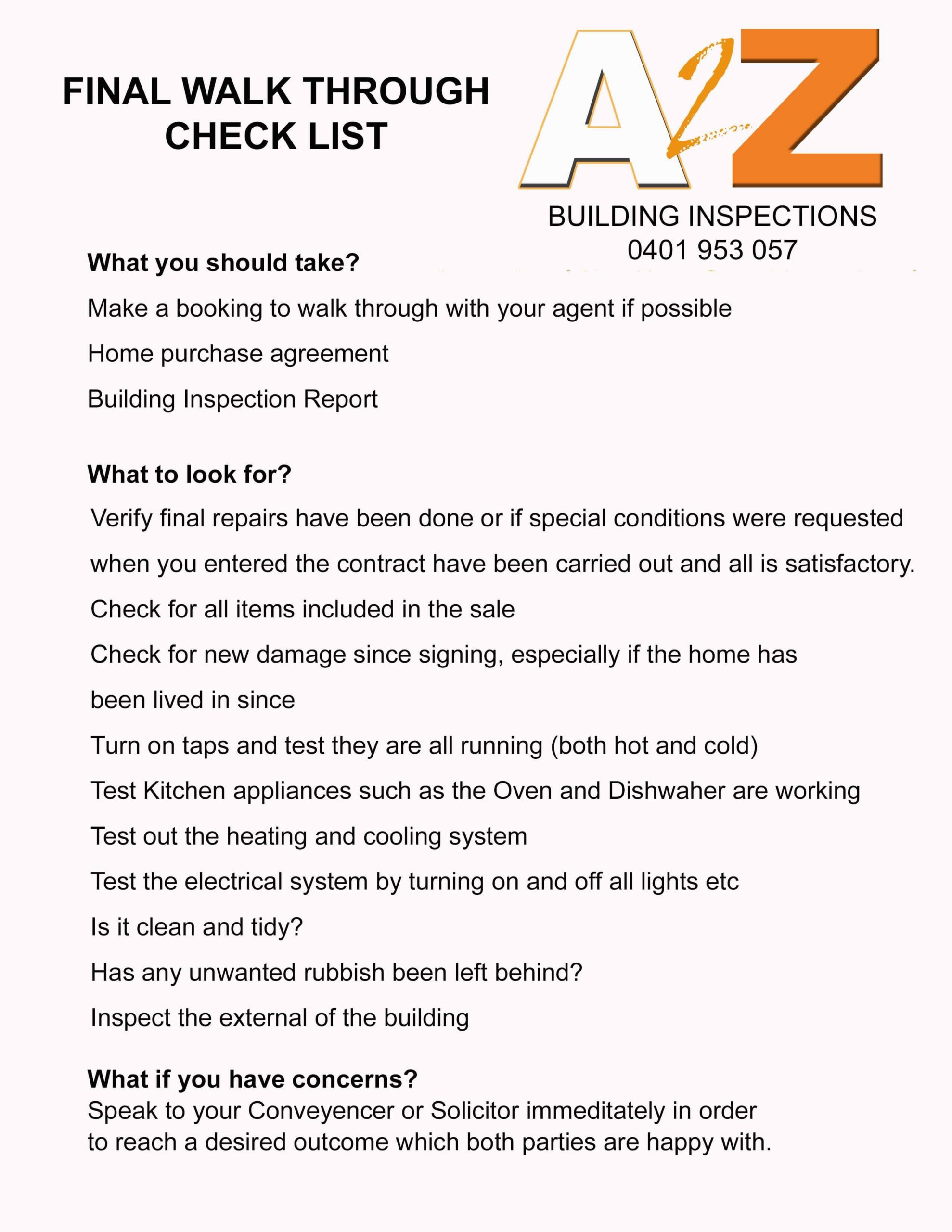 Settlement Day Final Checklist A2Z Building Inspections