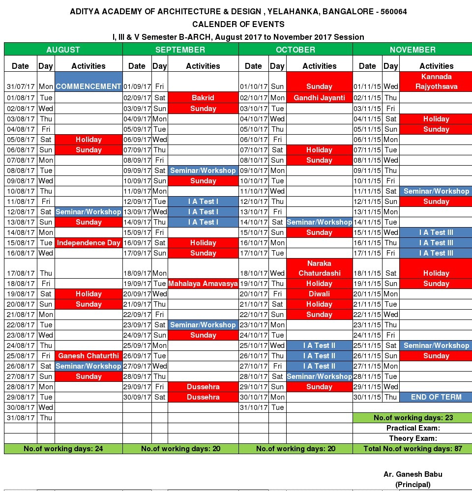Calendar of Events for Odd semester 201718 Aditya Architecture college