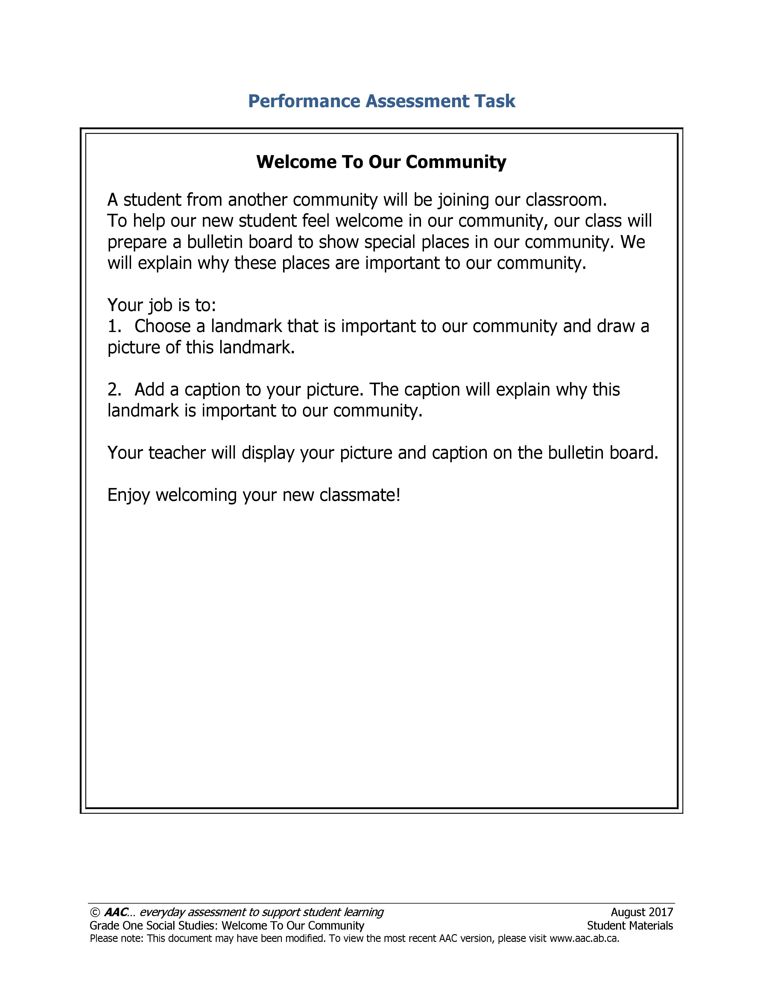 to Our Community (Grade 1) Alberta Assessment Consortium