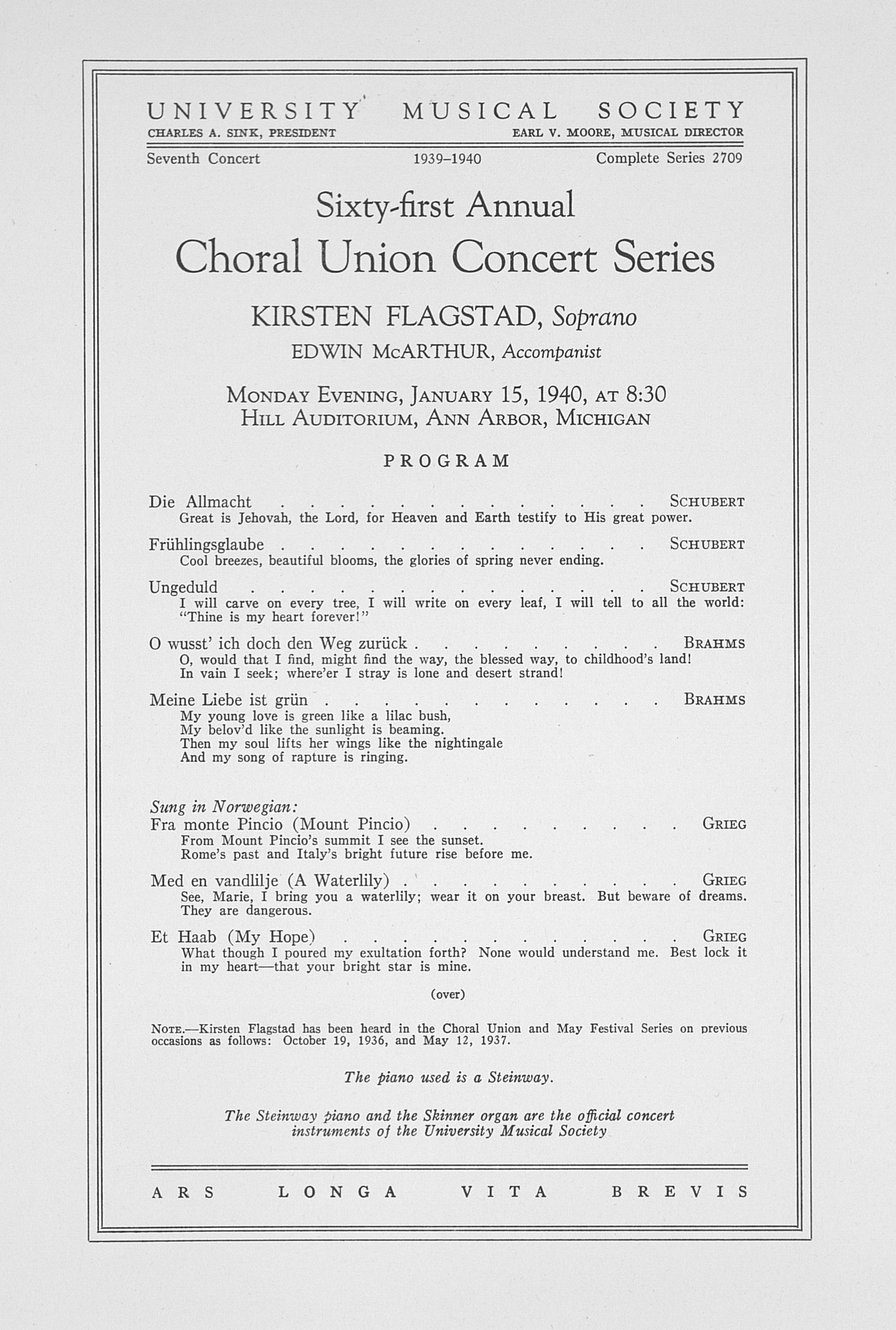 UMS Concert Program, January 15, 1940 Sixtyfirst Annual Choral Union