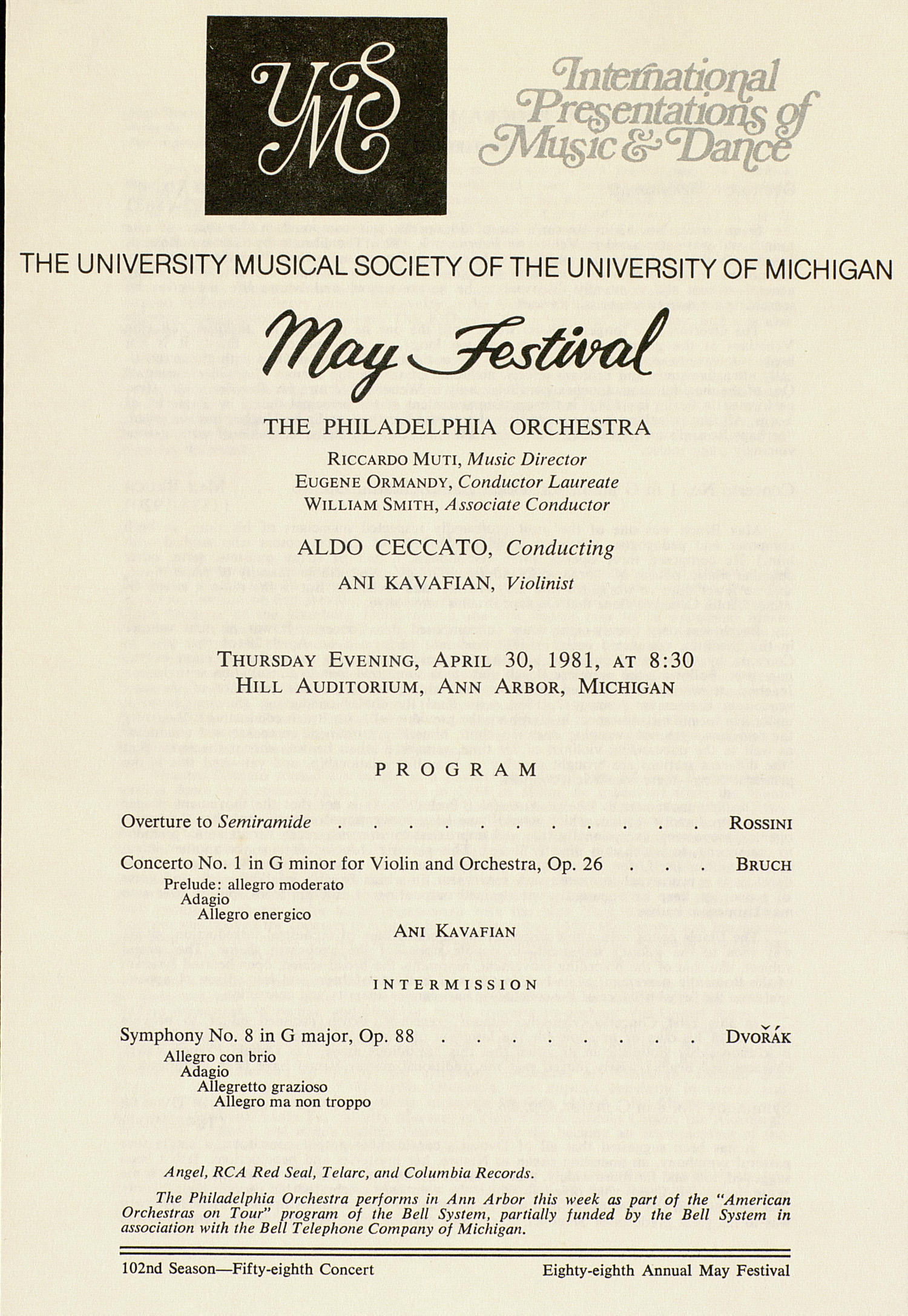 UMS Concert Program, April 30, 1981 May Festival The Philadelphia