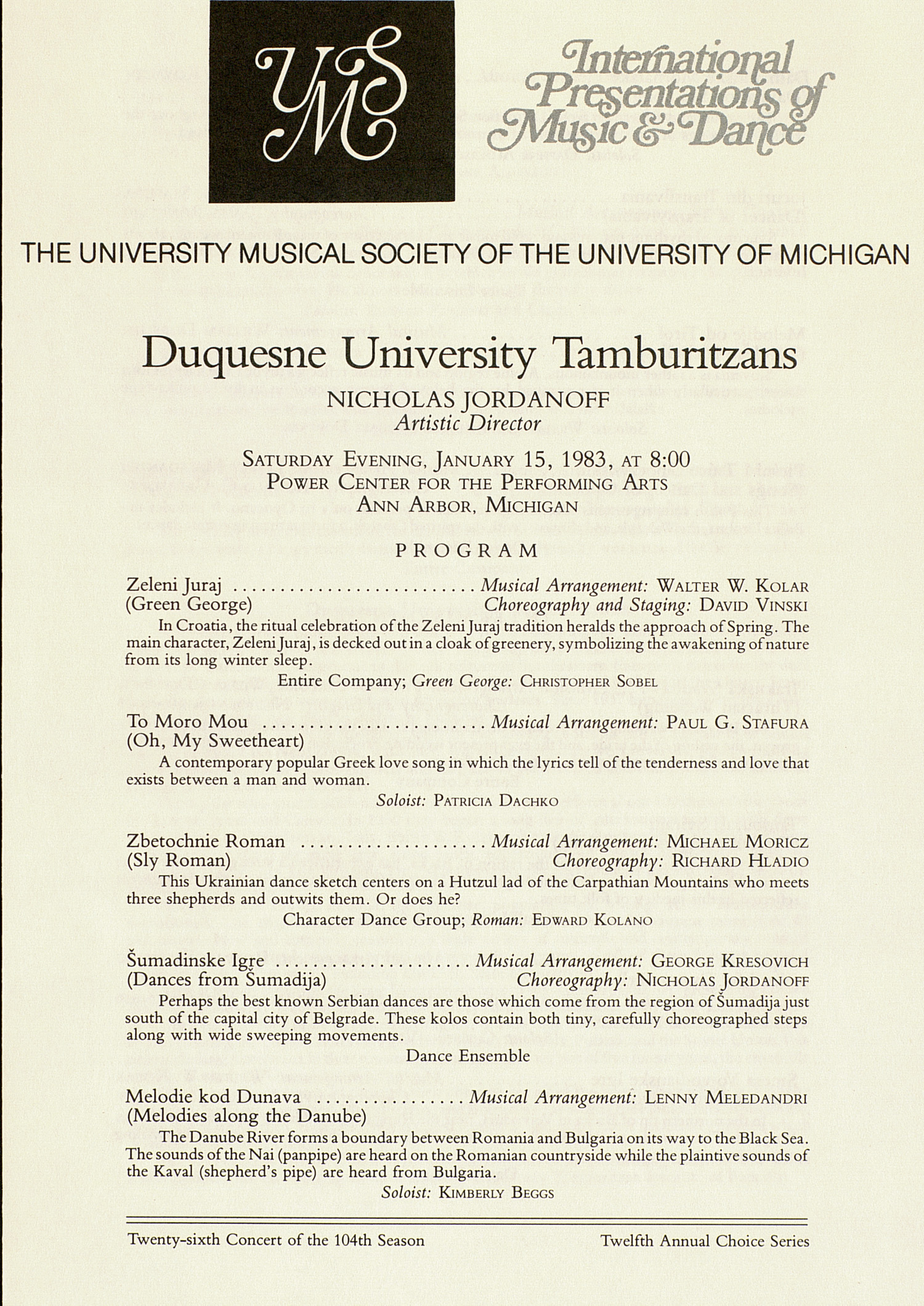 UMS Concert Program, January 15, 1983 Duquesne University Tamburitzans