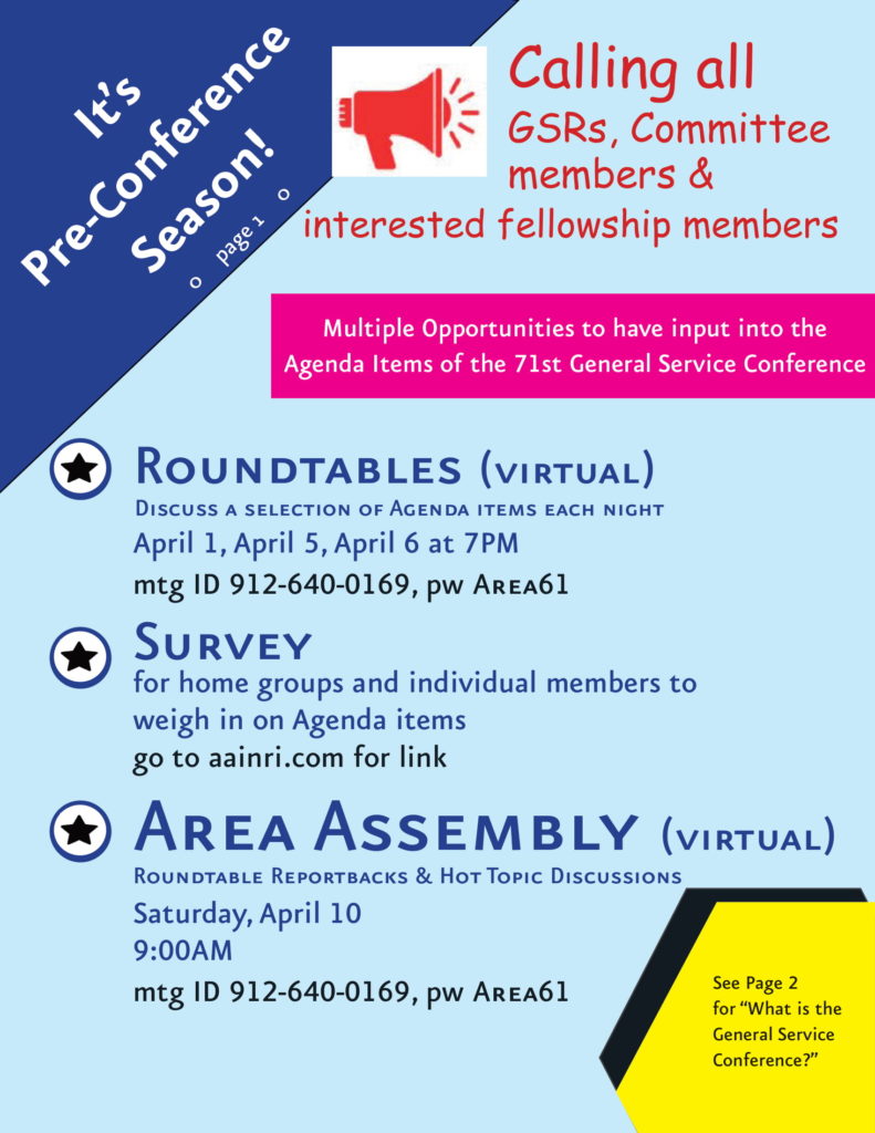 Reminder! Area 61 Rhode Island Area Assembly Meeting On April 10, 2021