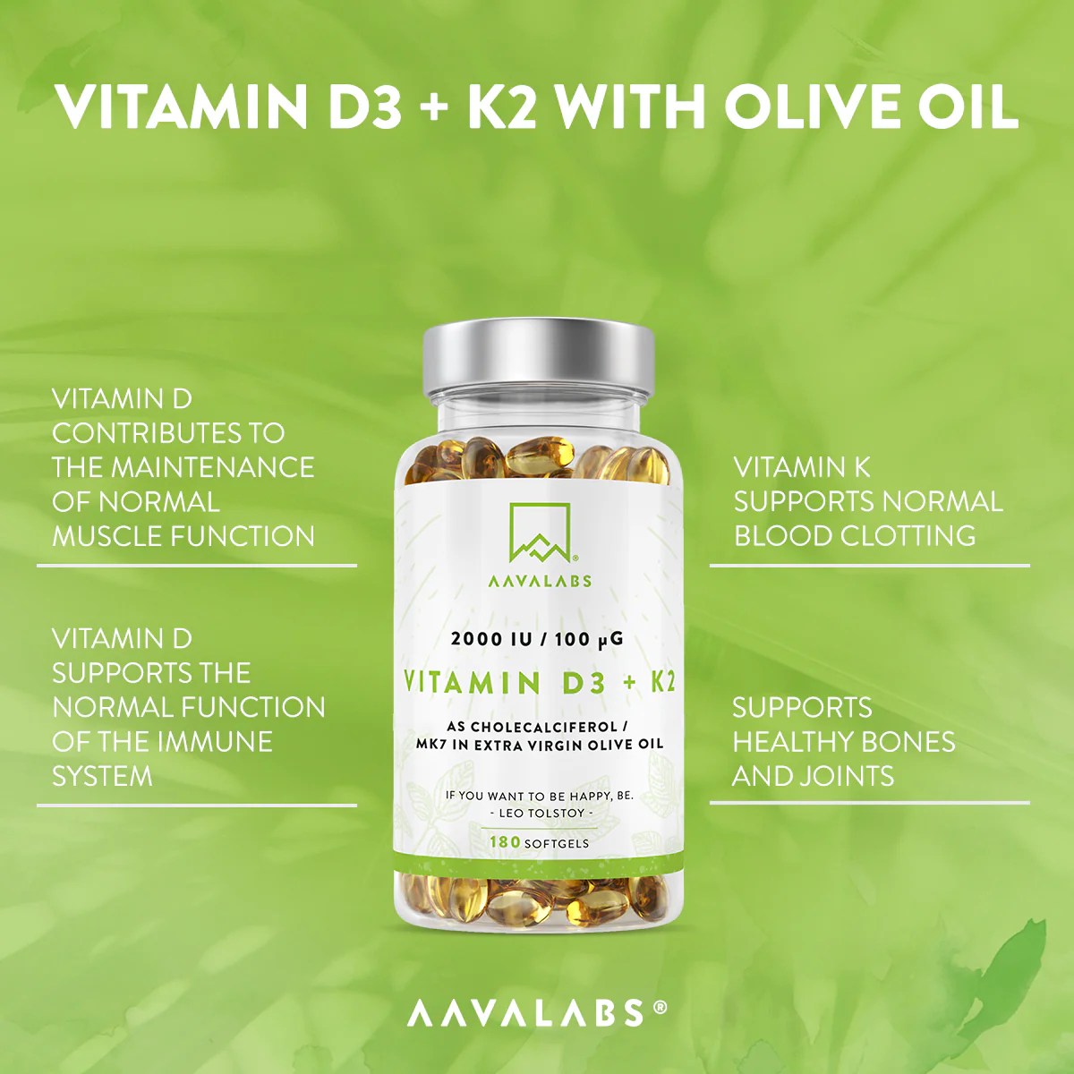 Vitamin D3 + K2 Bioavailable Vitamin D3 and K2 AAVALABS