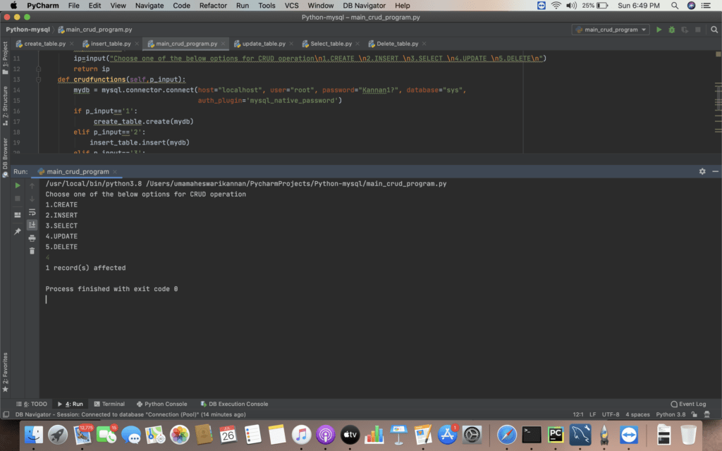 Python program for CRUD operations from MYSQL Database ABAYTHON