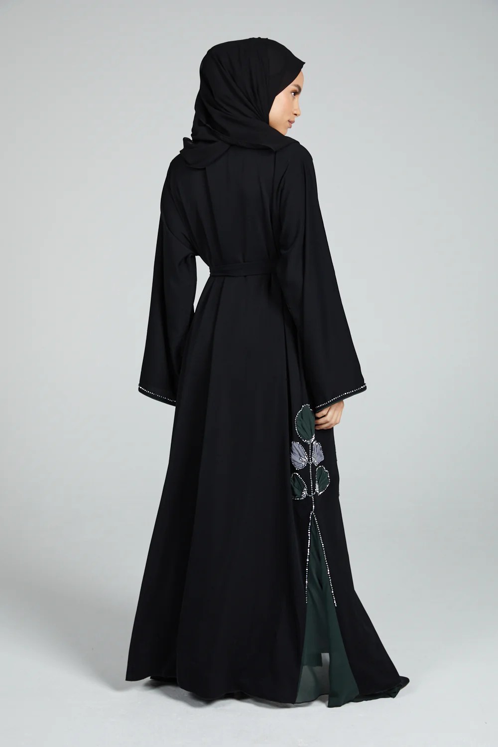 Premium Floral Detailed Black Open Abaya with Chiffon Panels Forest