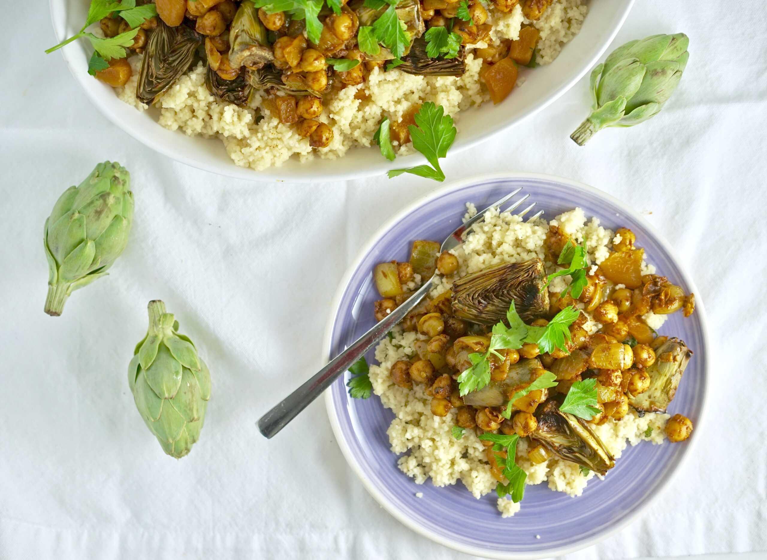 Vegan Tagine with Grilled Artichokes, Chickpeas, and Preserved Lemon