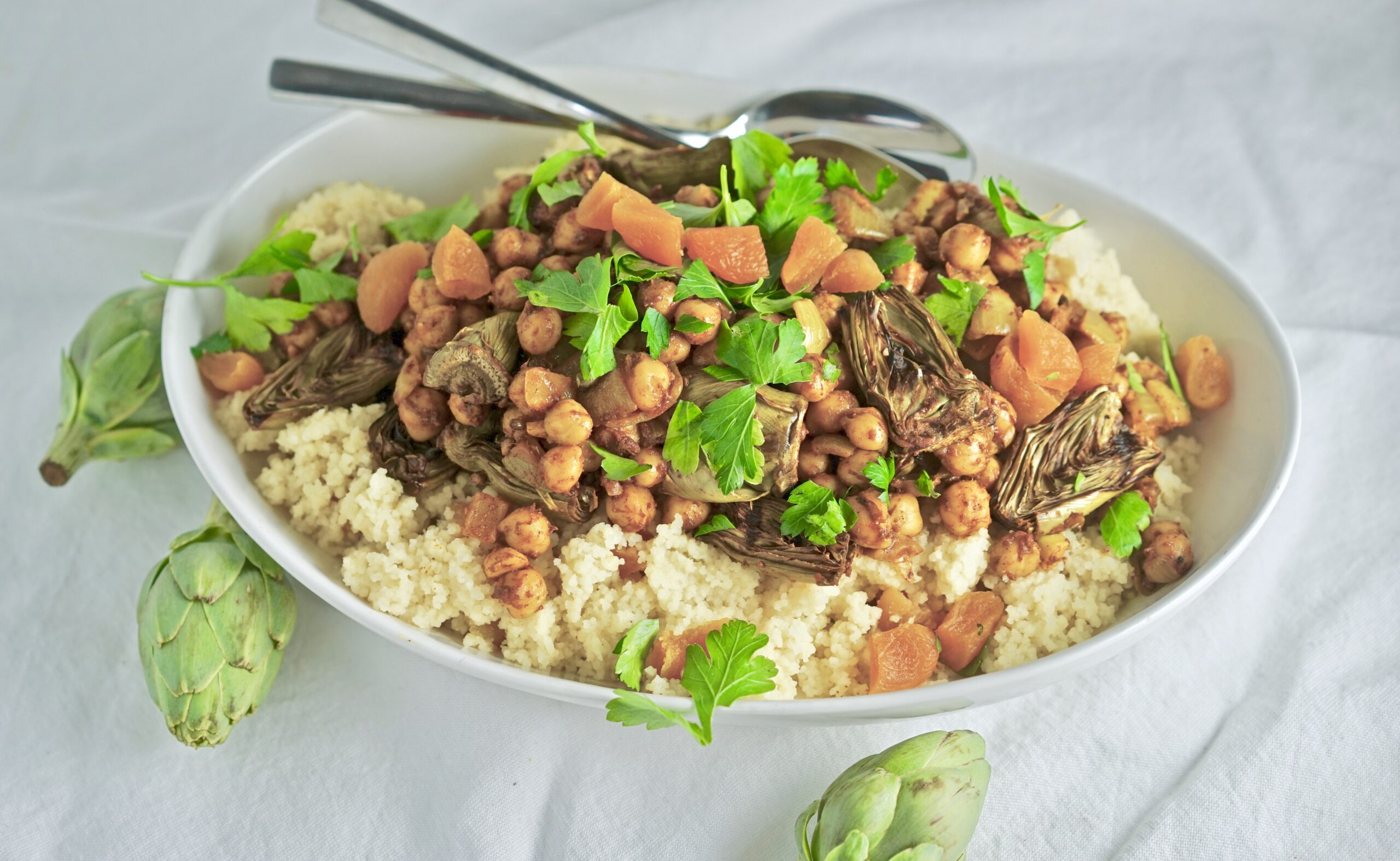 Vegan Tagine with Grilled Artichokes, Chickpeas, and Preserved Lemon