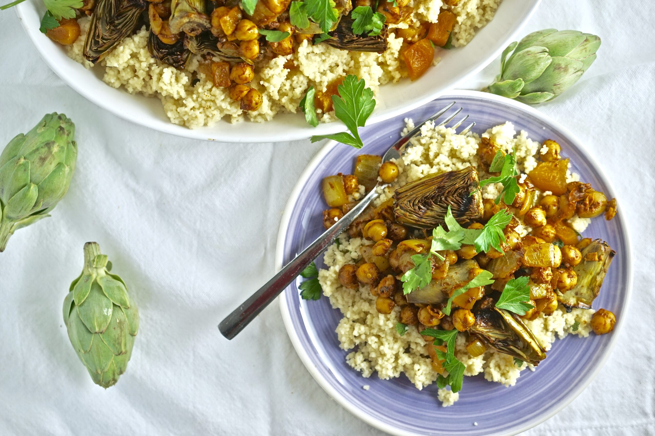 Vegan Tagine with Grilled Artichokes, Chickpeas, and Preserved Lemon