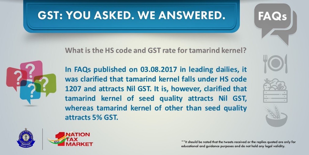 HS Code and GST Rate on Tamarind Kernel other than seed quality