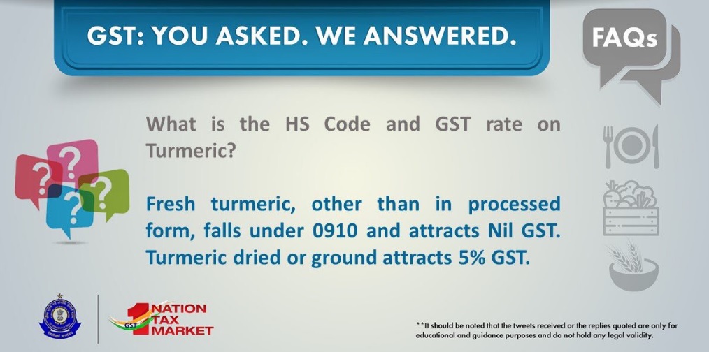HS Code and GST Rate on Turmericfresh, dried or ground Tumeric