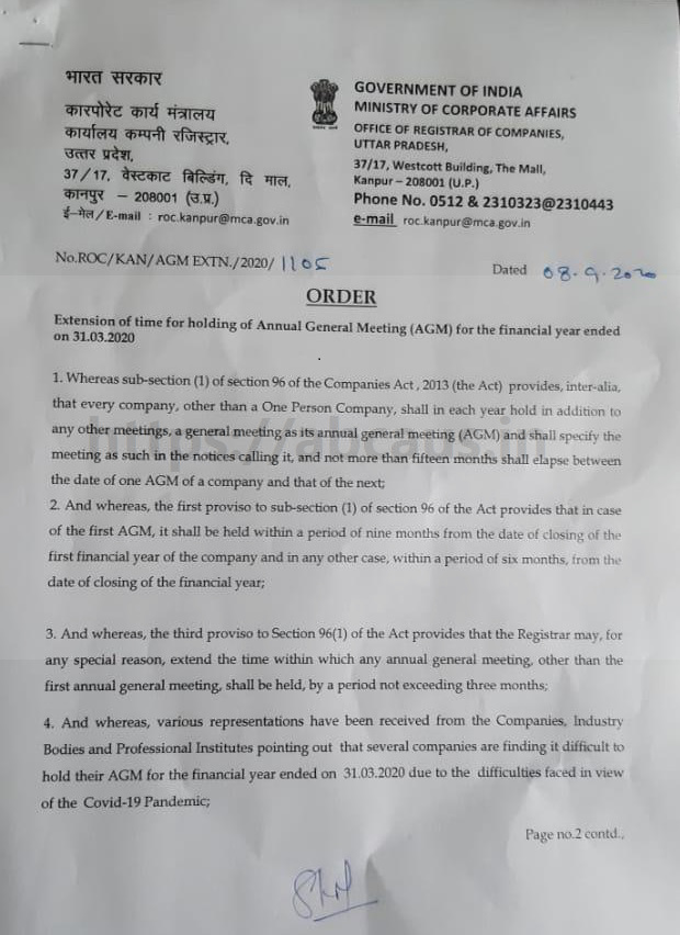 Extension of due date for holding AGM for FY ended 31.03.2020