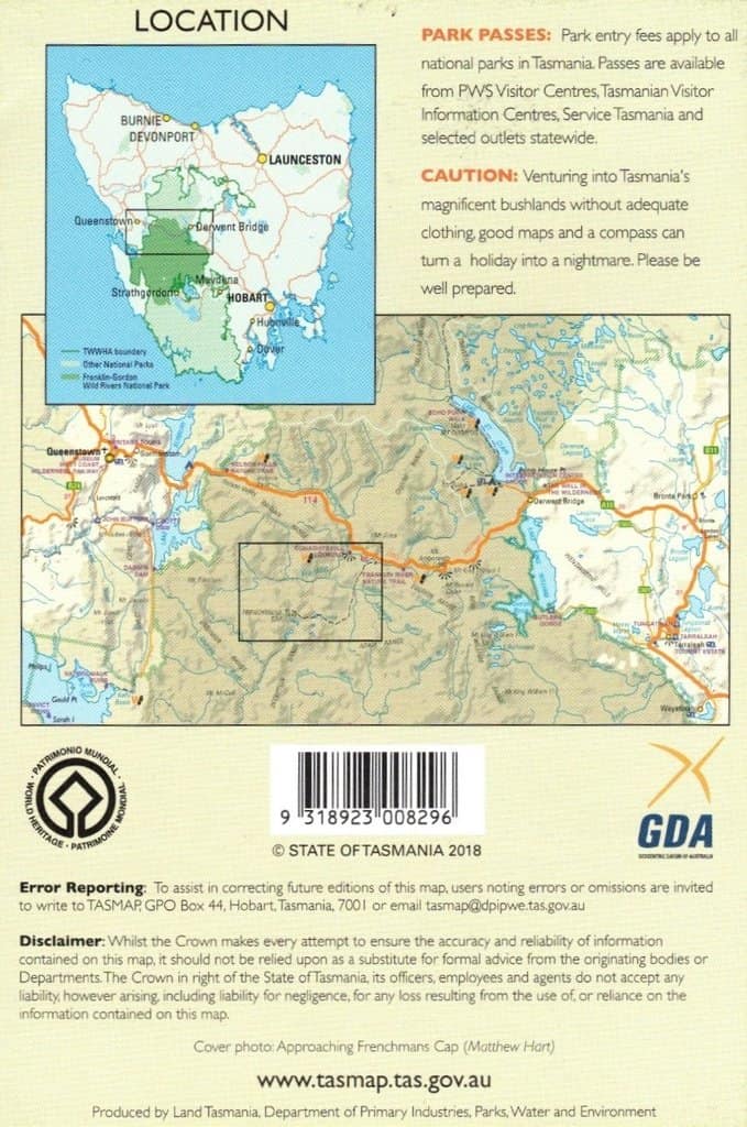 Frenchman's Cap Map Tasmap A.B.C. Maps