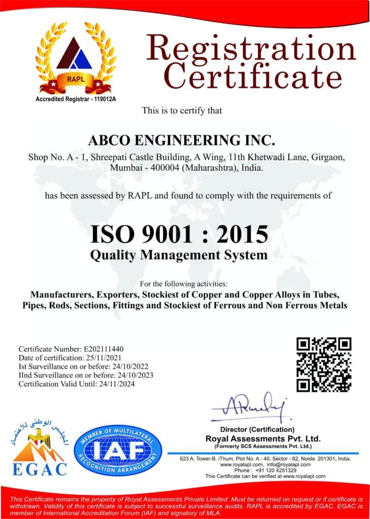 Certificate ABCO ENGINEERING INC