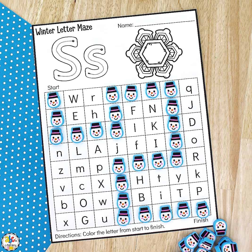 winter letter maze preschool worksheets