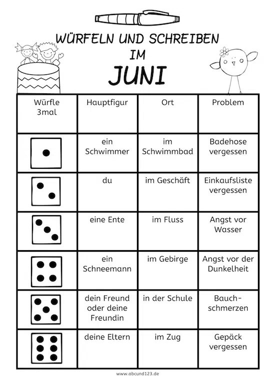Schreiben und würfeln im Juni