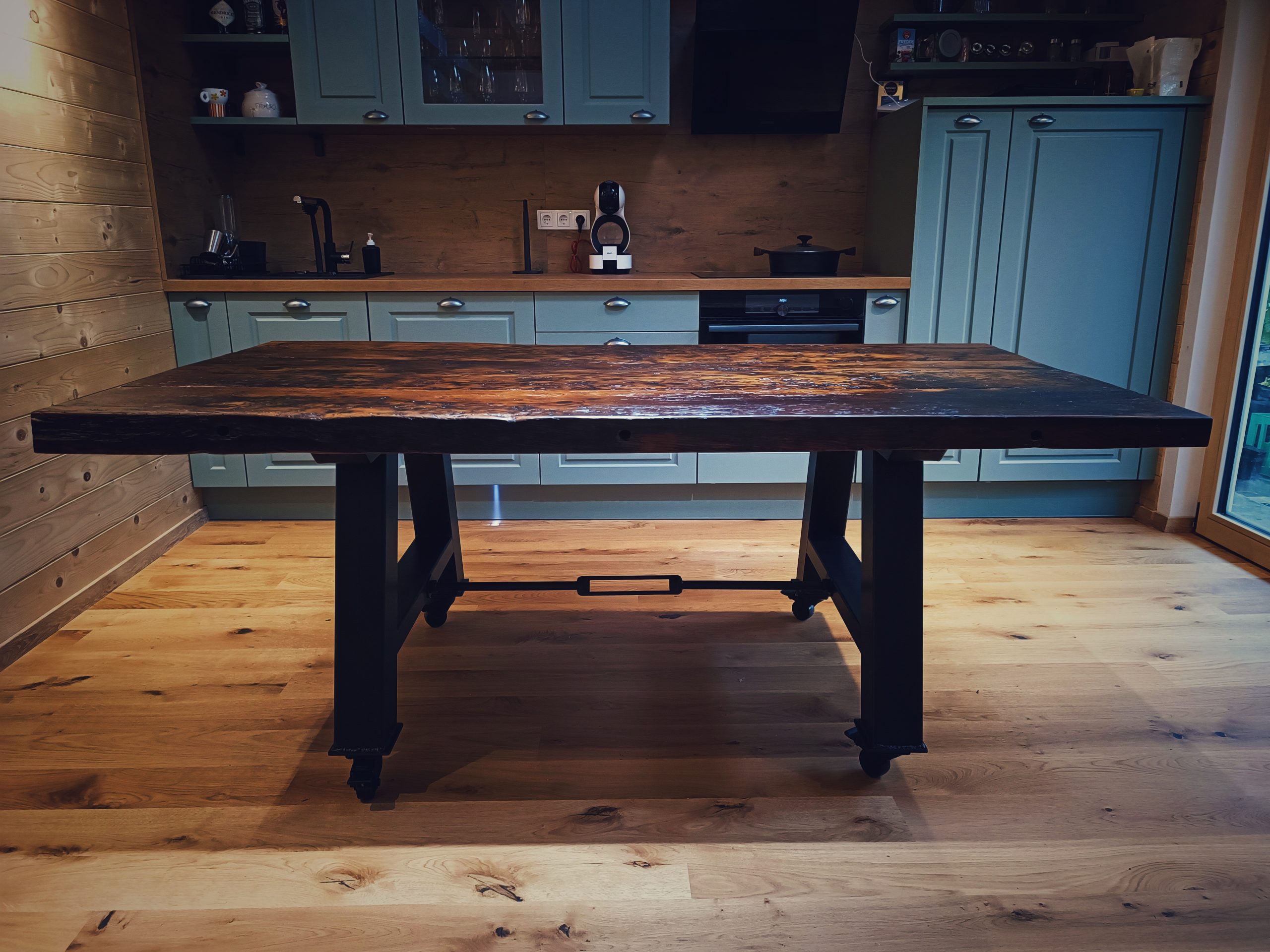 Industrial dining table on wheels created by Abel Von Rust