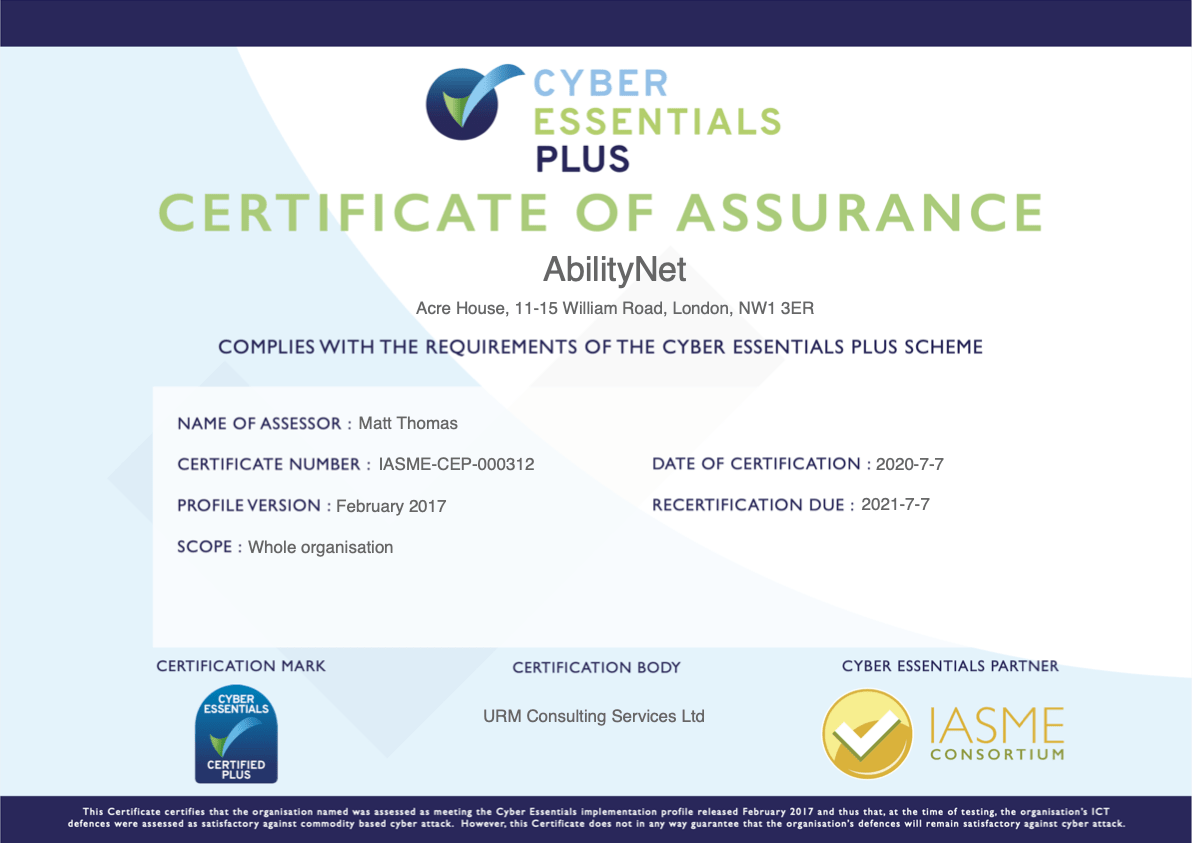 Cyber Essentials Certificate of Assurance