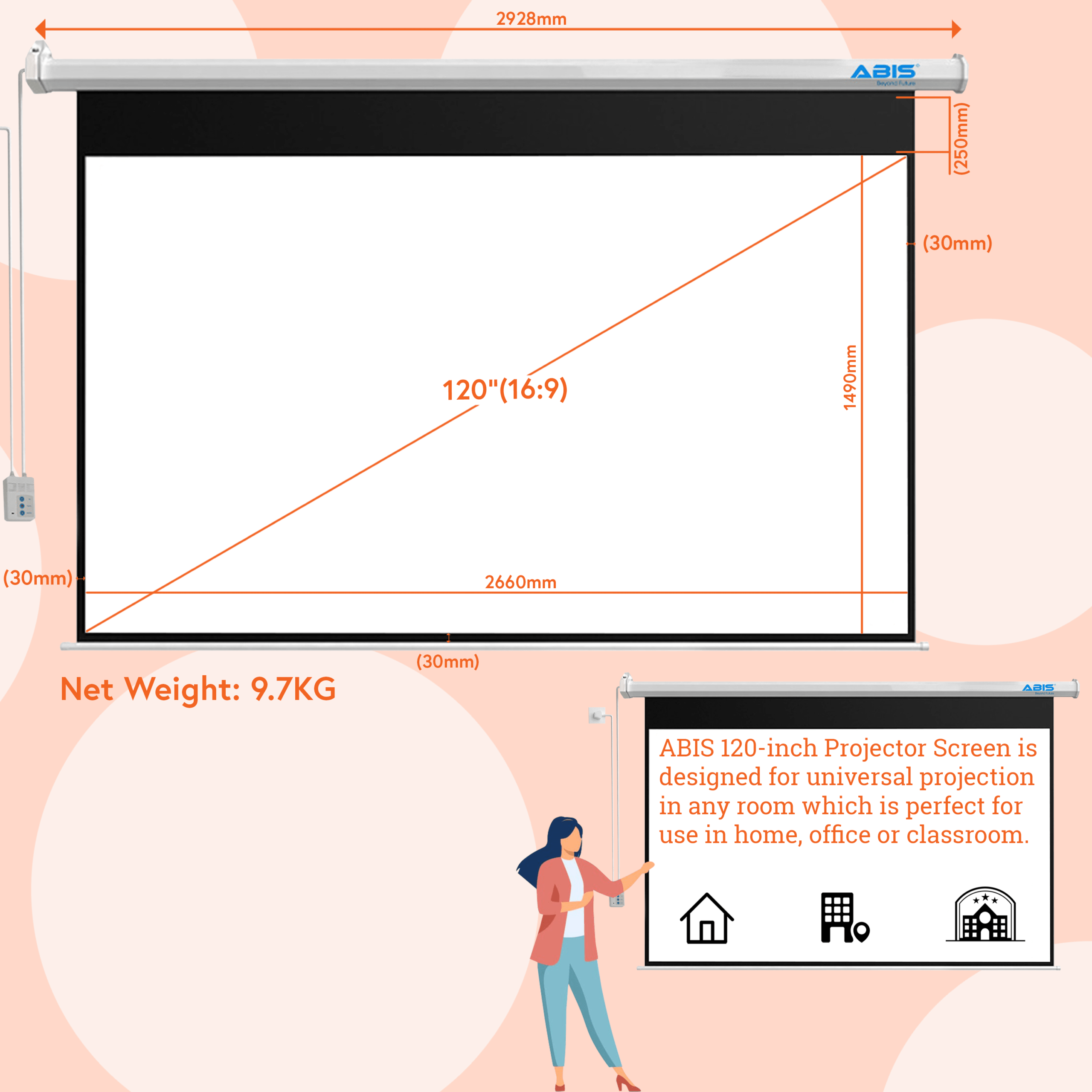 Electric Projector Screen 120" inches 169 Aspect Ratio Resolution FHD