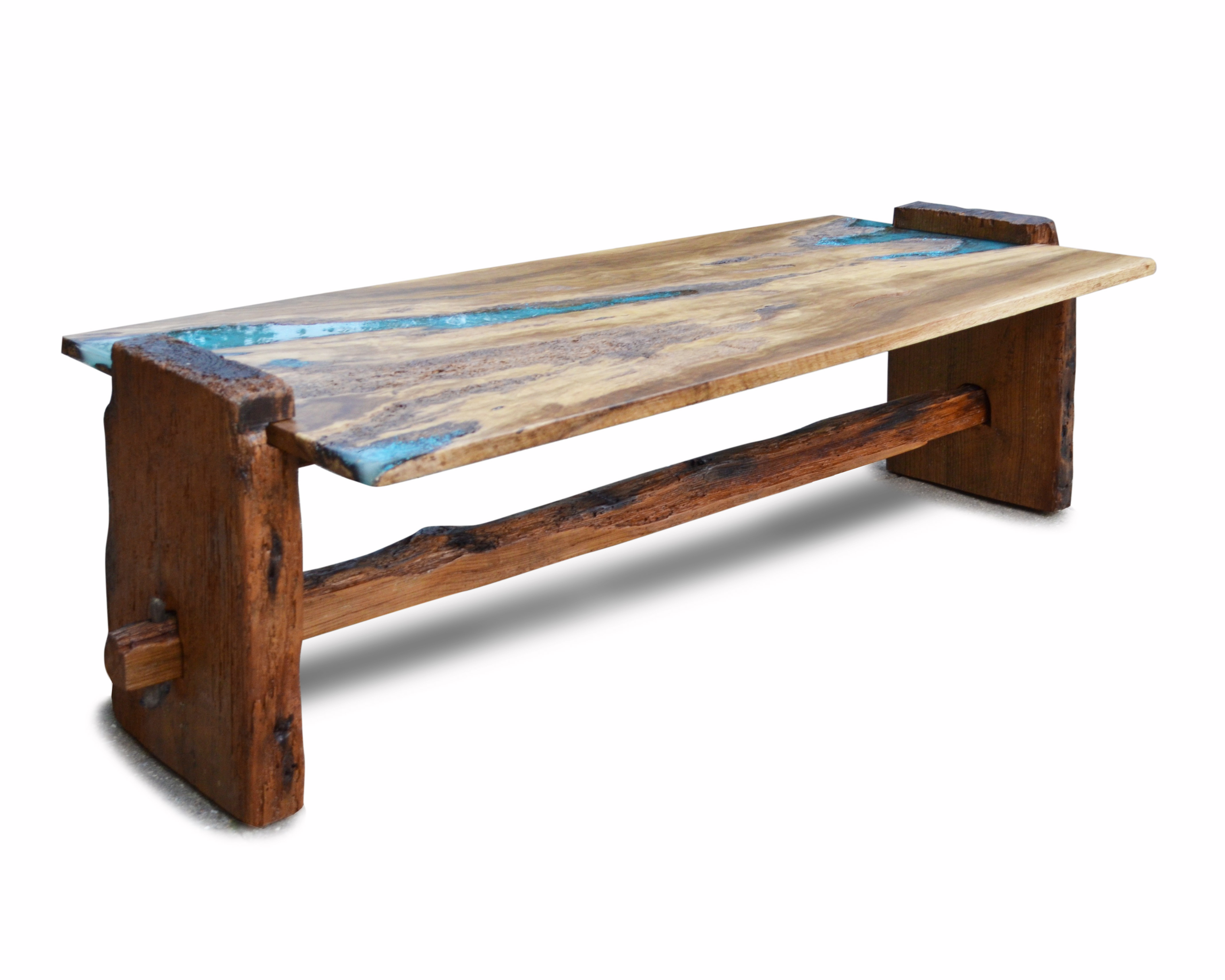 Rustic oak coffee table with turquoise inlay Abodeacious