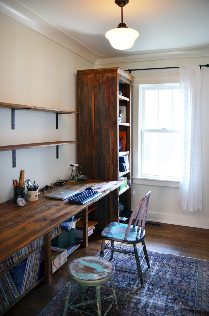 Reclaimed rustic barn wood desk top shelves and