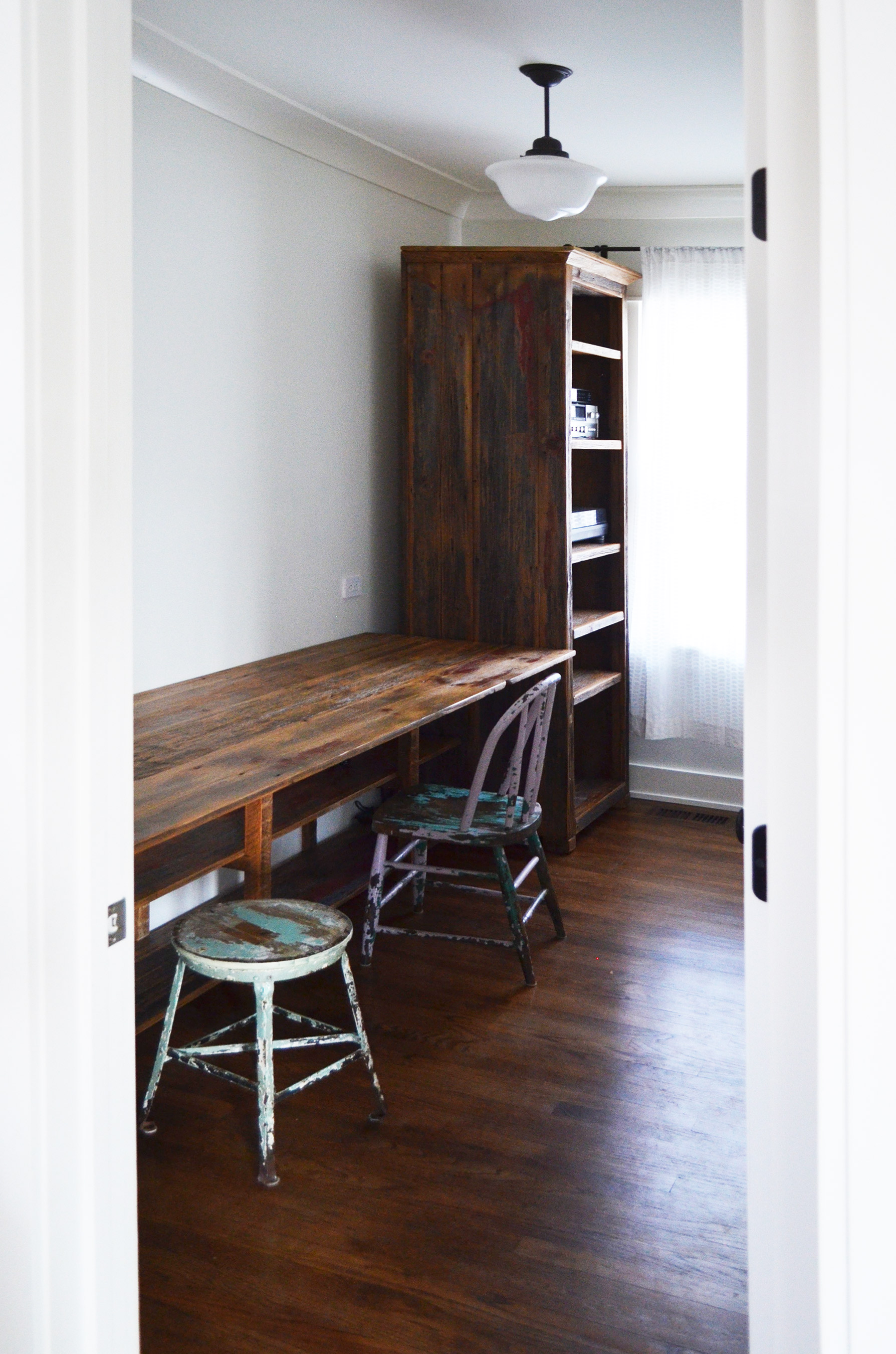 Reclaimed rustic barn wood desk top shelves and