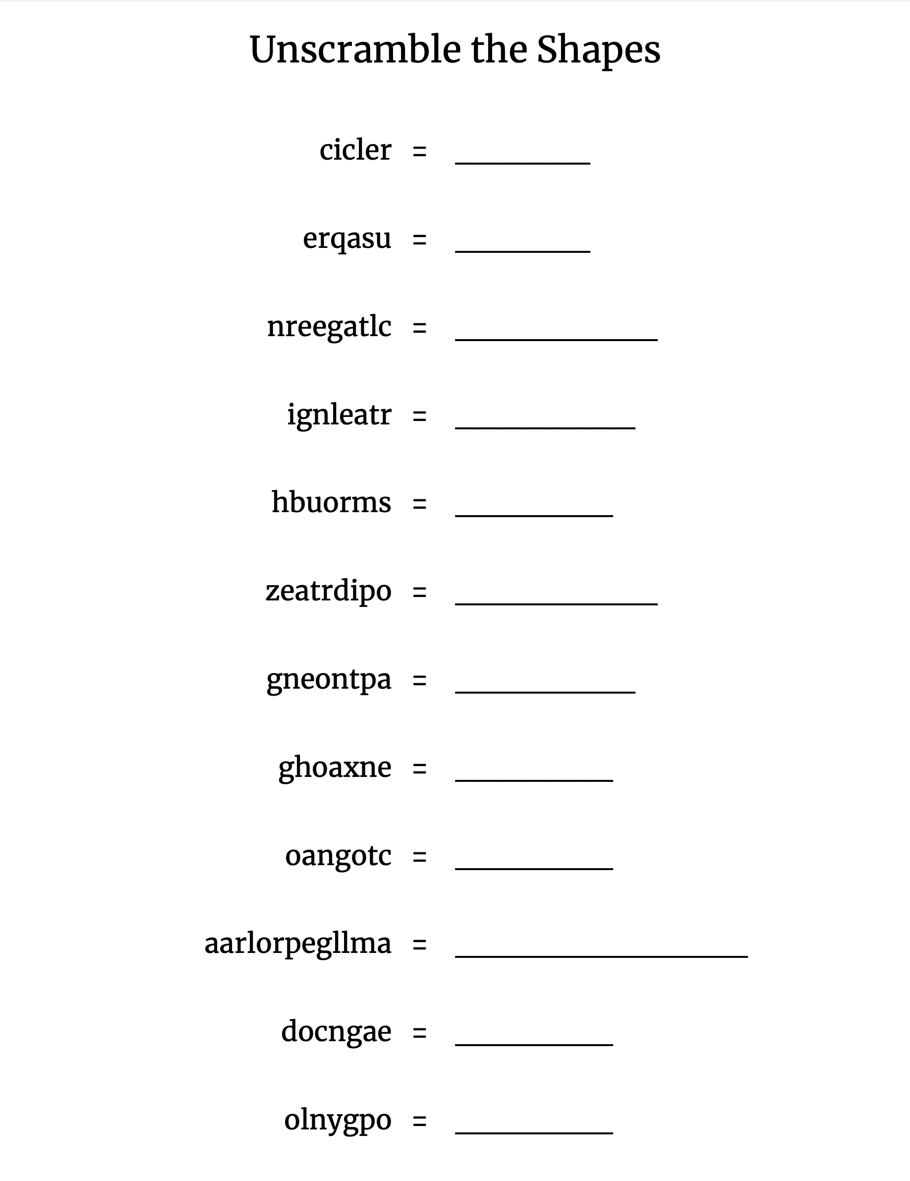 Our promembers can download PDFs with word scramble puzzles like these