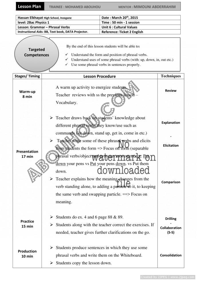 z Mixed Ticket LP Grammar Phrasal verbs 2Bac Lesson Plan 2Bac Ask Abouhou