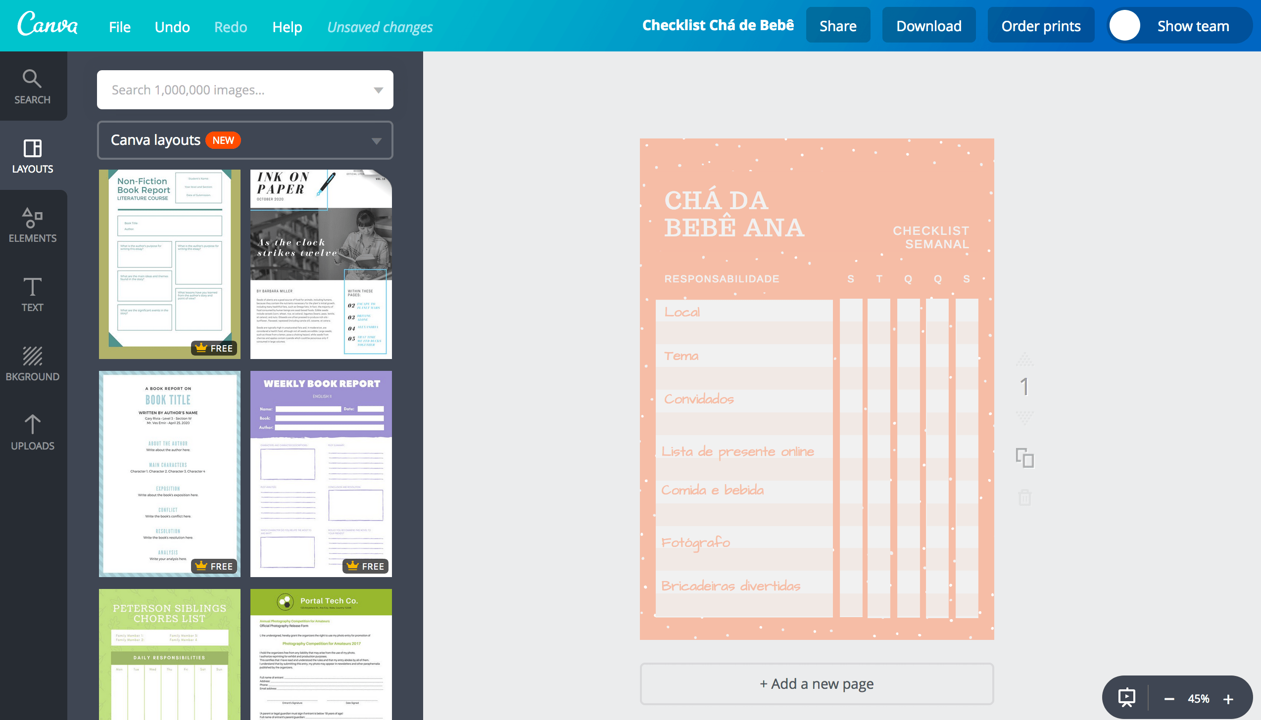Criar sua lista de chá de bebê online Canva