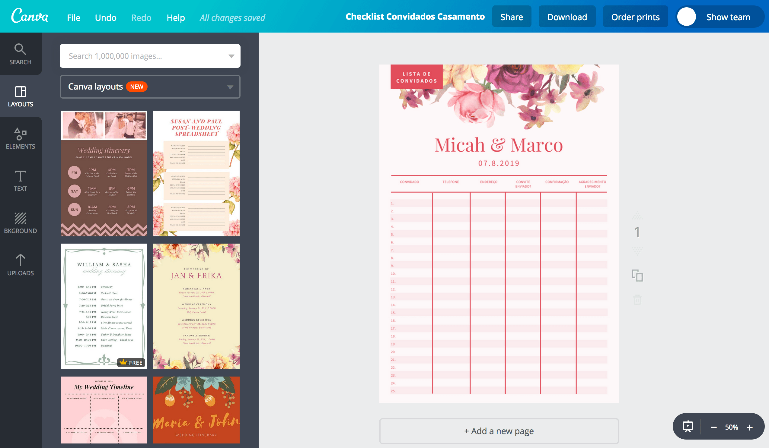 Crie sua lista de convidados para casamento online Canva