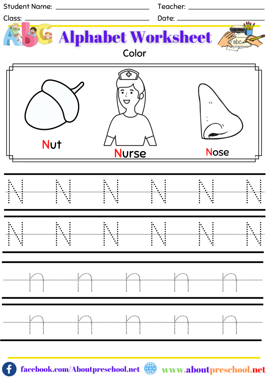 Alphabet Color and Trace Worksheet-N - About Preschool