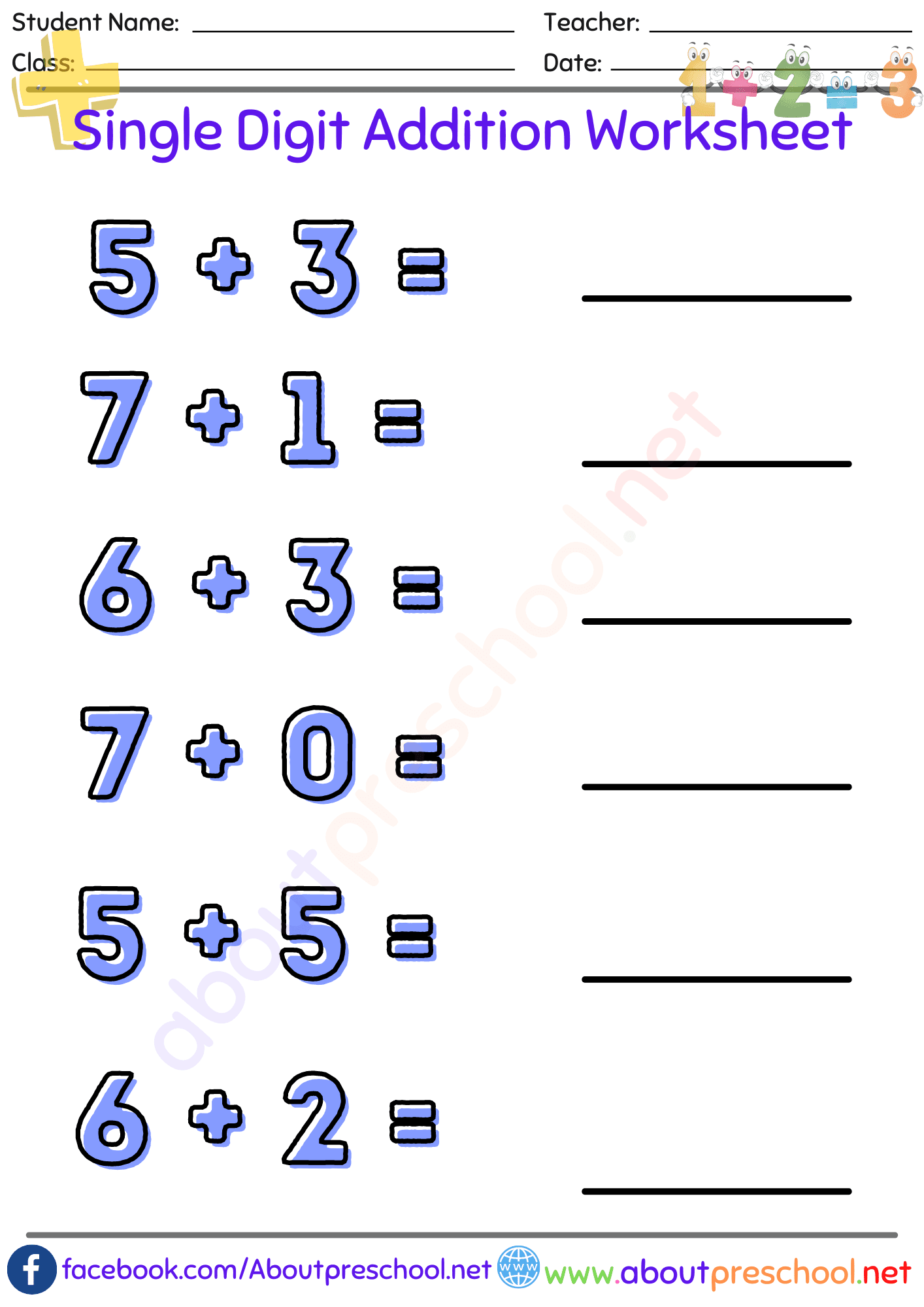 Single Digit Addition Worksheet15 About Preschool